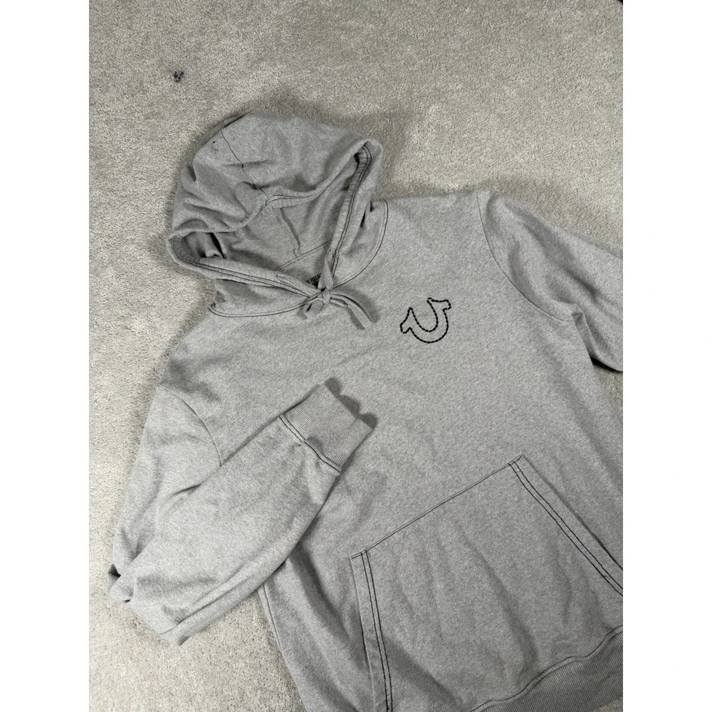 True Religion Hoodie Mens Medium Gray Terry Cloth Back Logo Black Stitching
